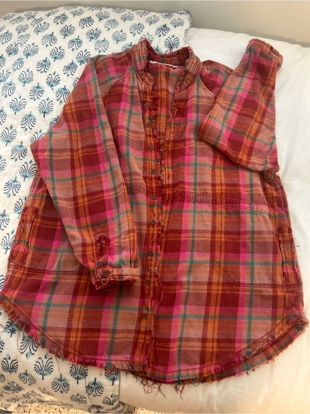 We The Free Pink & Orange Plaid Ruffle-Trim Button-Down Shirt